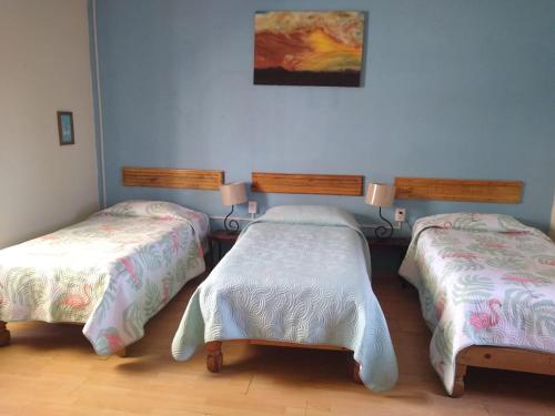 a room with two beds and a painting on the wall at Hostal Don Felipe in Guadalajara