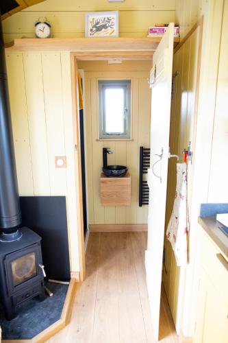 a small kitchen with a stove in a tiny house at Little Plovers Shepherd Hut in Chichester