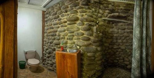 a stone bathroom with a toilet and a stone wall at Casa Méndez B&B in Tetsalia