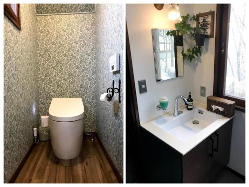 a bathroom with a toilet and a sink and a mirror at Guesthouse Kreutzer in Chino