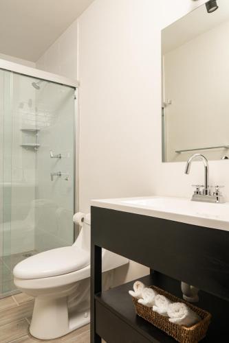a bathroom with a toilet and a sink and a shower at Casa Guillermina in Durango
