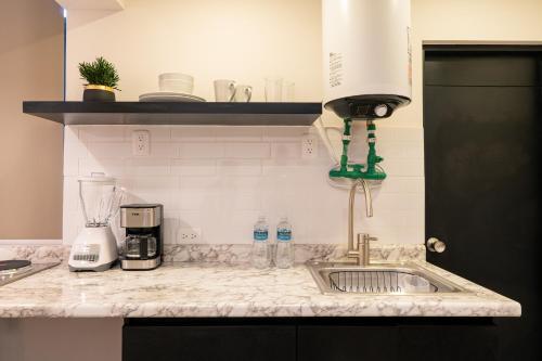 a kitchen counter with a sink and a blender at Casa Guillermina in Durango