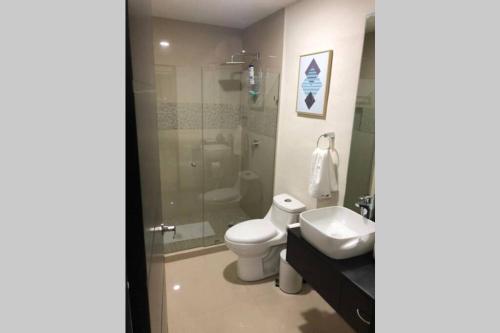 马萨特兰Departamento de lujo en el Malecón的浴室里有马桶、洗手池和淋浴。