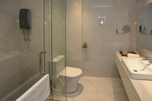 a bathroom with a shower and a toilet and a sink at D ELEGANCE GRAND BANDAR SERI ALAM in Masai