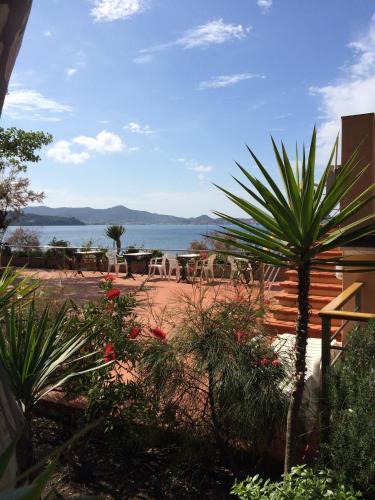 a garden with a view of the water at Hotel Mare in Portoferraio