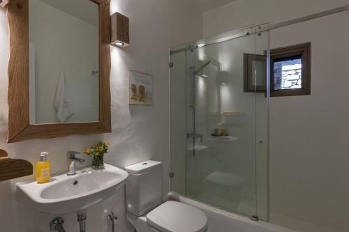 ein Badezimmer mit Dusche, Toilette und Waschbecken in der Unterkunft Executive Paros Villa 4 Bedrooms Villa Almyrikia Sunset Stunning Sea View in Kampos Paros