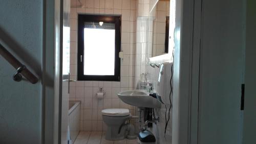 a bathroom with a toilet and a sink and a window at Ferienwohnung Natur und Steine in Oberbrombach