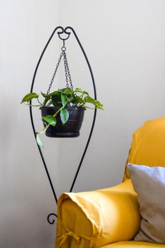 a plant on a iron stand next to a yellow couch at Fonte da Rosa Guest House APT2 in Belmonte