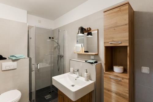 ein Badezimmer mit Waschbecken, Dusche und Toilette in der Unterkunft Ferienwohnung hinter der Krämerbrücke in Erfurt