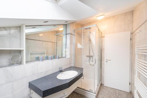 a bathroom with a sink and a shower at Appartment Strandduene in Binz