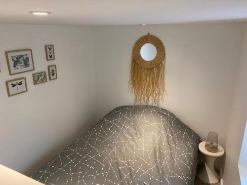 1 dormitorio con cama y espejo en la pared en CosyRouen Bouquet en Ruan