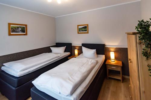 two beds in a small room with two lamps at Hotel und Berggasthof Spießberghaus in Friedrichroda
