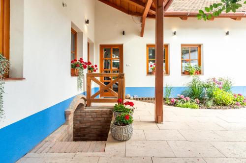 a porch of a house with two potted flowers at U Stařenky in Dolní Bojanovice