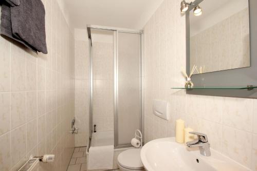a bathroom with a shower and a toilet and a sink at ruhige Lage und mit Gartennutzung, nah am Meer - Höftresidenz FeWo 25 in Alt Reddevitz
