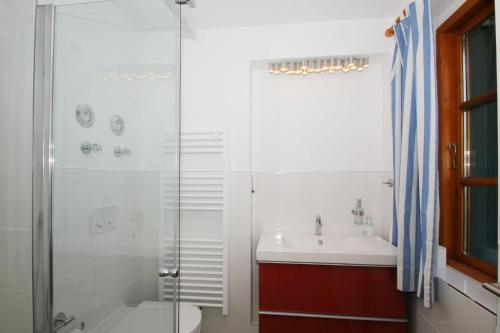 a bathroom with a shower and a sink at strandnahe, schicke FeWo mit Terrasse und Garten - Ferienwohnung Silas in Thiessow