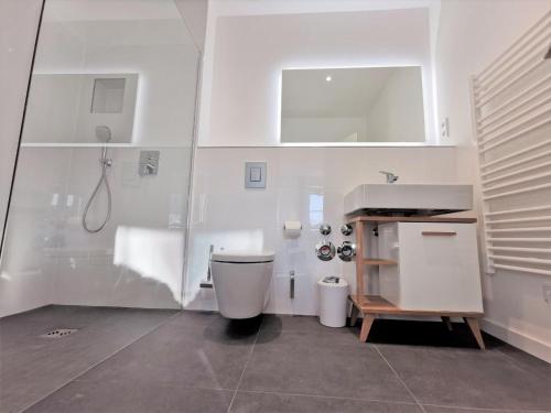 a white bathroom with a toilet and a sink at moderne Ferienwohnung mit eigener Terrasse - Haus Inselwind FeWo MEERhafen in Groß Zicker