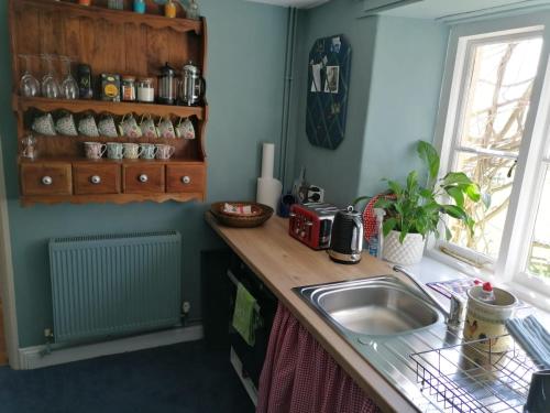 eine Küchentheke mit einem Waschbecken und einem Fenster in der Unterkunft Beautiful Devon Farmhouse in Exeter