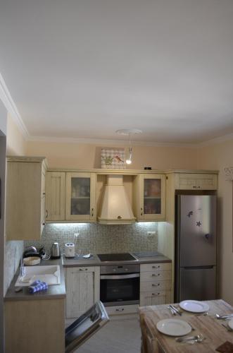 a kitchen with wooden cabinets and a stainless steel refrigerator at ESTIA V.M in Ýpsos