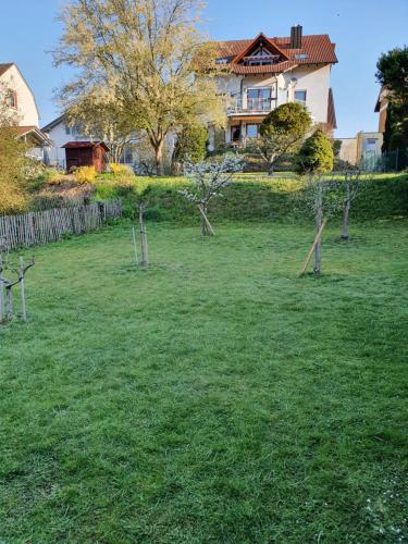 une cour avec des arbres et une maison en arrière-plan dans l'établissement Ferienwohnung Lavendel, à Lahr/Schwarzwald