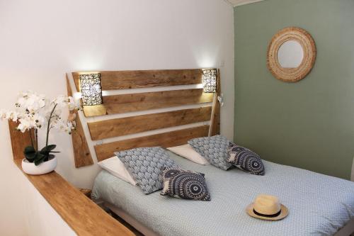 1 dormitorio con 1 cama con 2 almohadas y espejo en Villa COLIBRI, en Lorgues