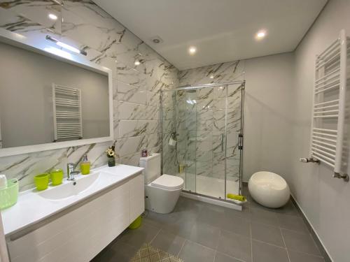 een badkamer met een wastafel, een toilet en een douche bij Cantinho Verde T1 in Geres