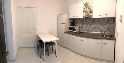 a kitchen with a sink and a table and a refrigerator at Apartament Olimp in Olimp
