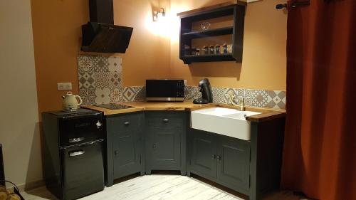 a small kitchen with a sink and a stove at Echappée romantique in La Chapelle-Hermier