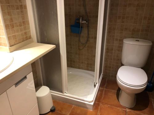 ein Bad mit einer Dusche, einem WC und einem Waschbecken in der Unterkunft Studio - Praia da Falesia - Algarve in Albufeira