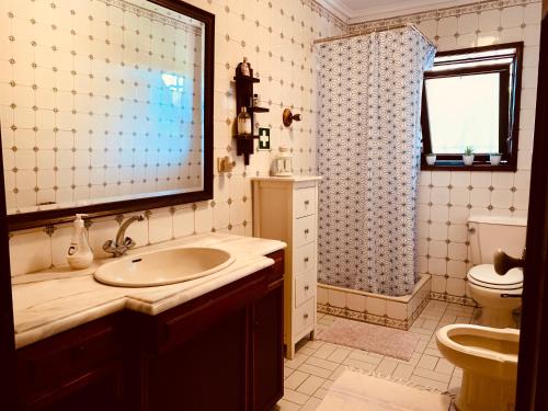 baño con lavabo y aseo y ventana en Happy Ria House, en Chousa Velha
