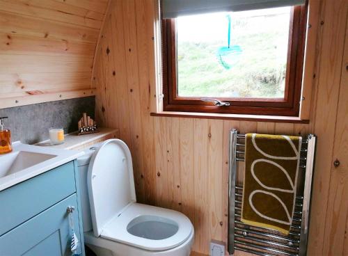 a bathroom with a toilet and a sink and a window at Air a’ Chroit Luxury Pods in Paible