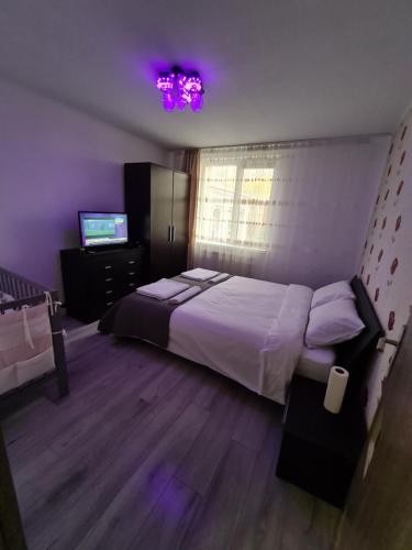 - une chambre avec un grand lit et une télévision dans l'établissement Apartament ultra central 1, à Hunedoara