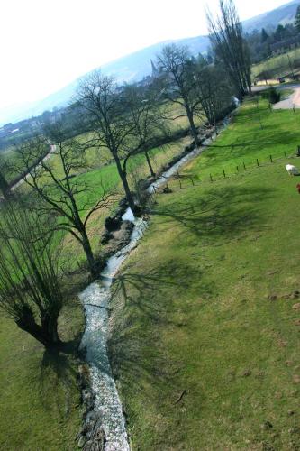 a stream in a field with trees and a fence at B&B Esprit d'un Moment in Nolay