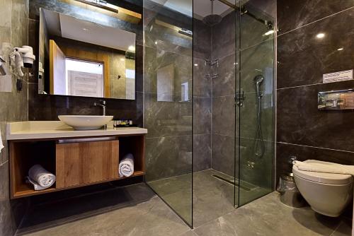 a bathroom with a shower and a toilet and a sink at Jasmin Elite Residence & SPA in Gümbet