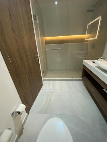 a bathroom with a toilet and a sink at Wyndham Puebla Angelopolis in Puebla