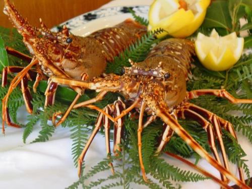 a lobster sitting on a plate on a table at Hotel La Noyesa *** Superior in O Grove