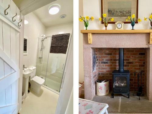 a bathroom with a fireplace and a bathroom with a stove at Akeld Cottage in Akeld