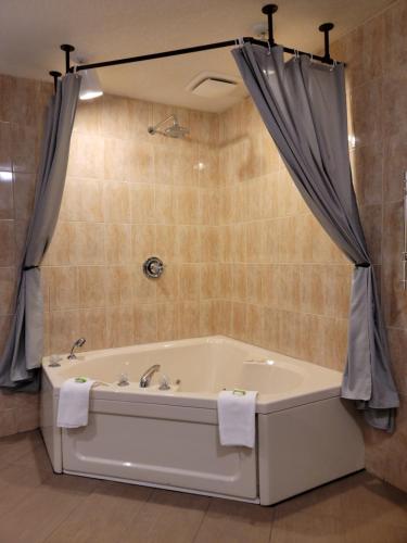 uma banheira na casa de banho com uma cortina em Woodland Inn em Meadow Lake