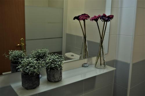 three vases with flowers on a shelf in a bathroom at La Caparina, apartamento con piscina a 3 km de la playa in Llanes