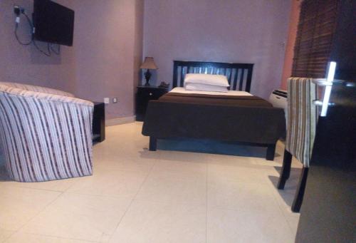 a bedroom with a bed and a television in it at Allure Suites - Luxury Room in Surulere