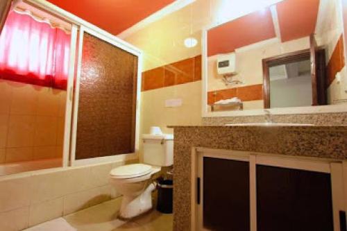 une salle de bain avec toilettes et lavabo dans l'établissement Carliza Hotel - Standard, à Lagos