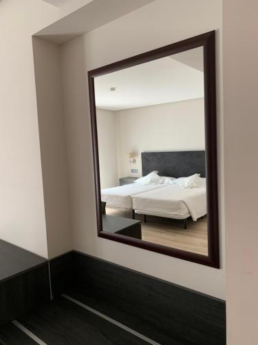 a mirror in a room with a bed and a bed at Hotel Villegas in Valencia de Don Juan