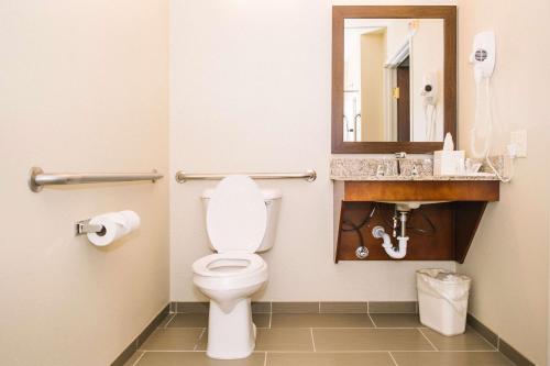 a bathroom with a toilet and a sink and a mirror at Comfort Inn & Suites in Custer