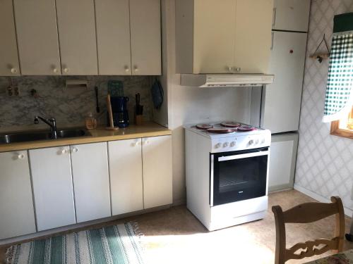 a small kitchen with a stove and a sink at Paradiset stugan i fin skogen in Hällefors