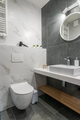 a bathroom with a toilet and a sink and a mirror at Stylchyn 90 Apartamenty nad Jeziorem Czorsztyńskim in Kluszkowce