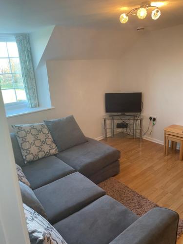a living room with a couch and a flat screen tv at Moorhead Country Holidays in Bideford