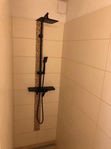 a shower in a bathroom with a shower head at Pension S láskou Karel Bezděz in Schloss Bösig