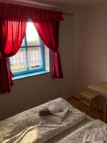 a bedroom with a bed with red curtains and a window at Pension S láskou Karel Bezděz in Schloss Bösig