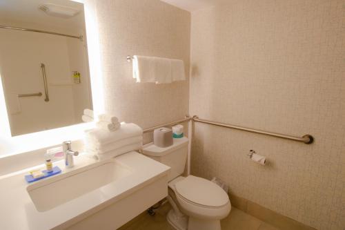 a bathroom with a toilet and a sink and a mirror at Holiday Inn Express & Suites Manassas by IHG in Manassas