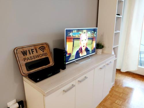 a tv sitting on top of a dresser in a room at Red brick in Belgrade