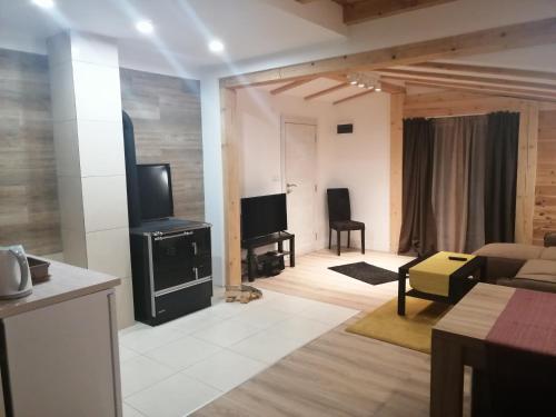 a living room with a couch and a television at Mountain village in Žabljak